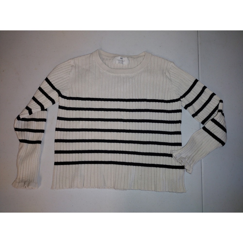 HM Kids Girls Cream Black Striped Ribbed‎ Knit Sweater Ruffle Cuff Size 6-8Y